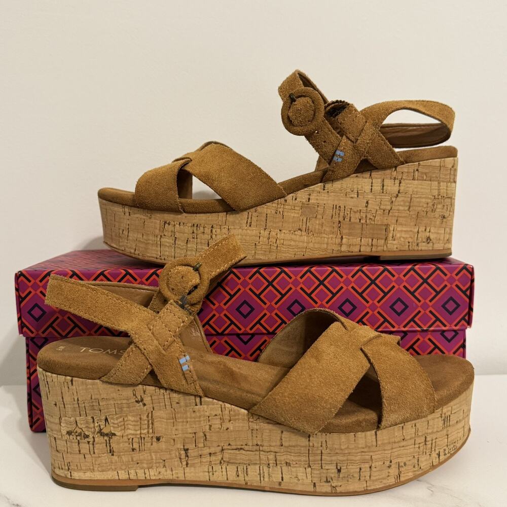 TOMS Willow Wedge Sandals Carmel Brown Suede Size 8 MSRP $89.95
